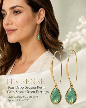 ITS Sense Green Teardrop Resin Sequin Dangle Hook Earrings - 2.5 in